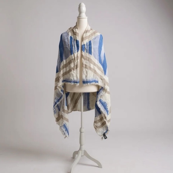 NWT Coach Fire Dance Fringed Shawl In Blue, Cream And Tan Linen Blend - Picture 1 of 8